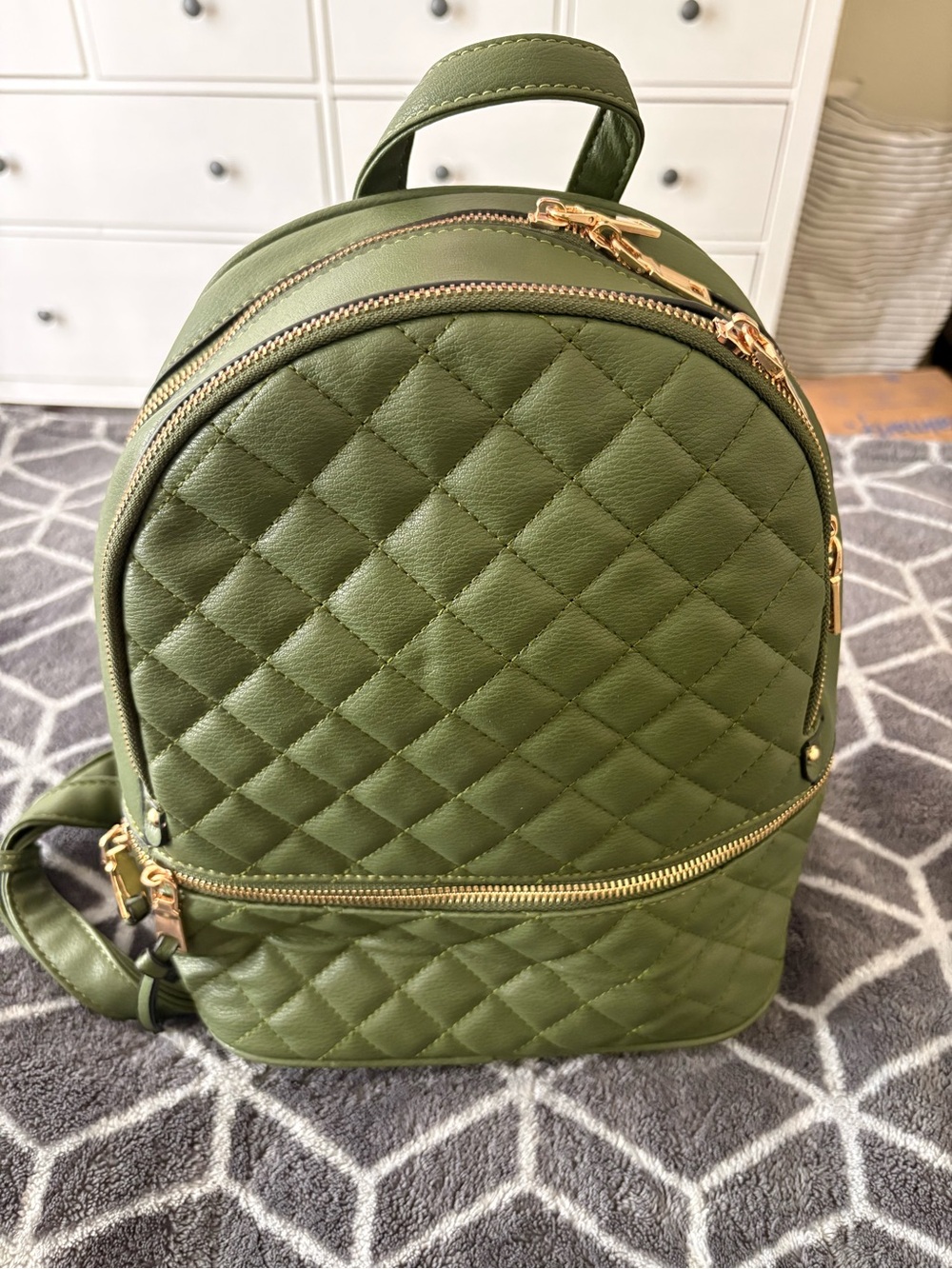 Quilted Olive Green Women’s Backpack - Stylish Everyday Bag and Wallet